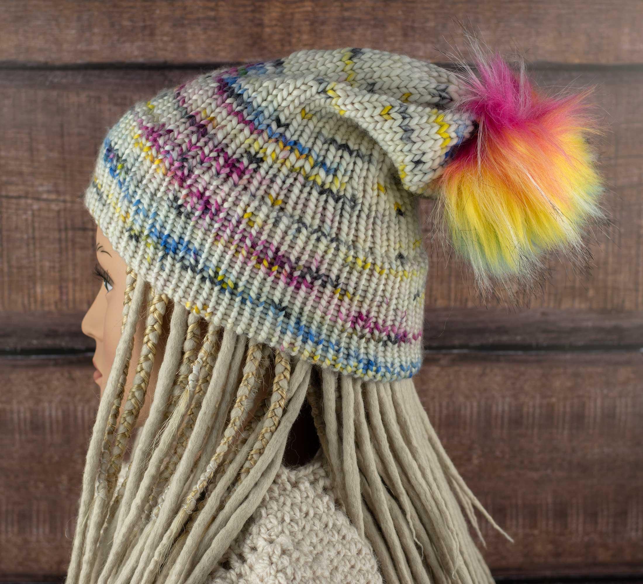 slouchy merino hat with colorful pom pom